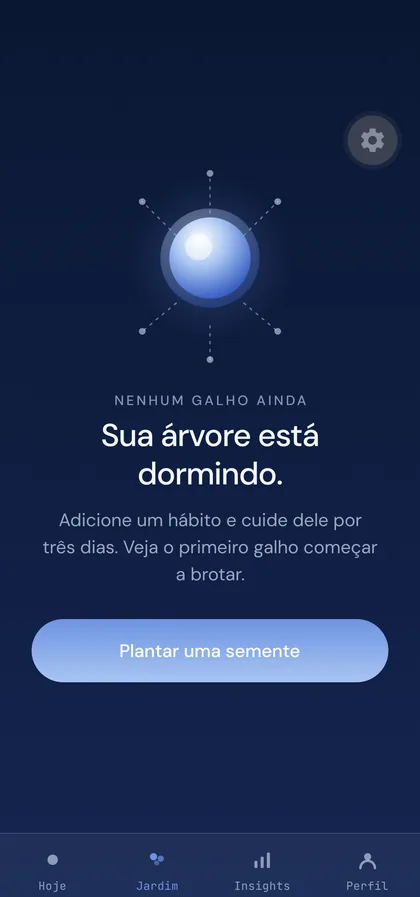 Tela Jardim no tema midnight, mostrando a árvore adormecida antes do primeiro hábito.